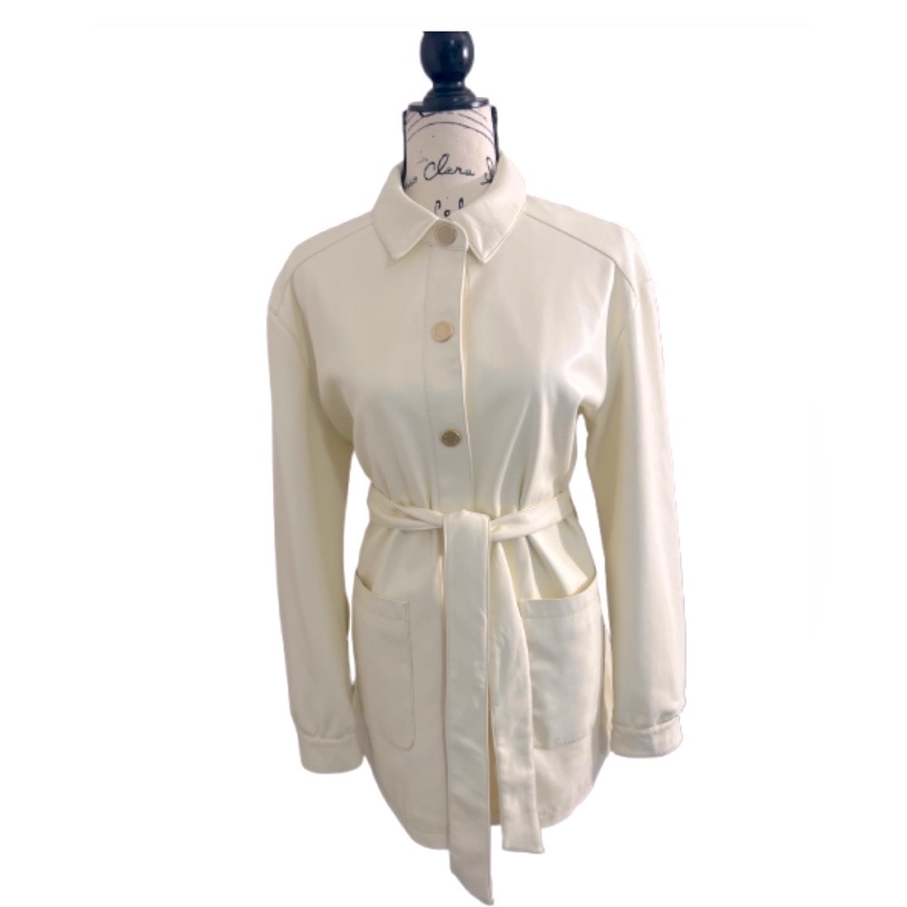 Marc New York Cream Faux Leather Top Jacket Coat Pockets Belt Longsleeve NWT Med